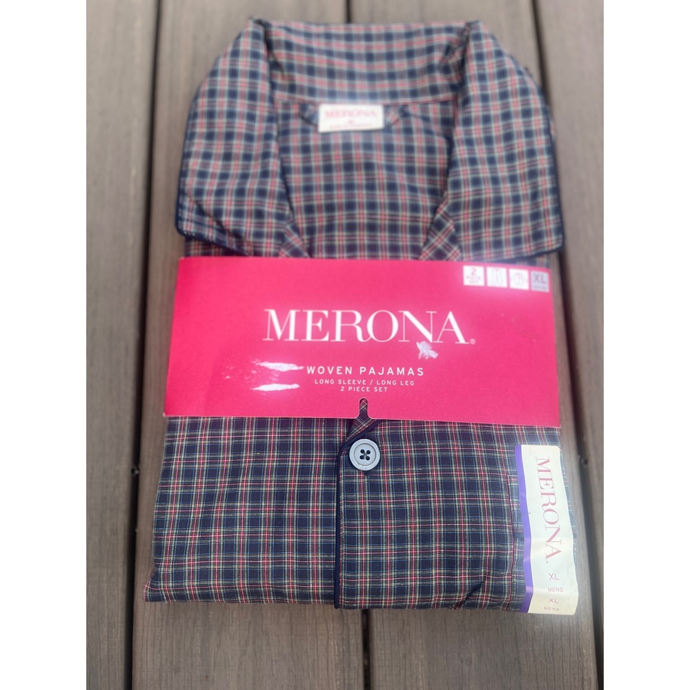 Merona Mens Pajamas 2 Piece Set XL Blue Red Green Plaid Long Sleeve Pant (216)